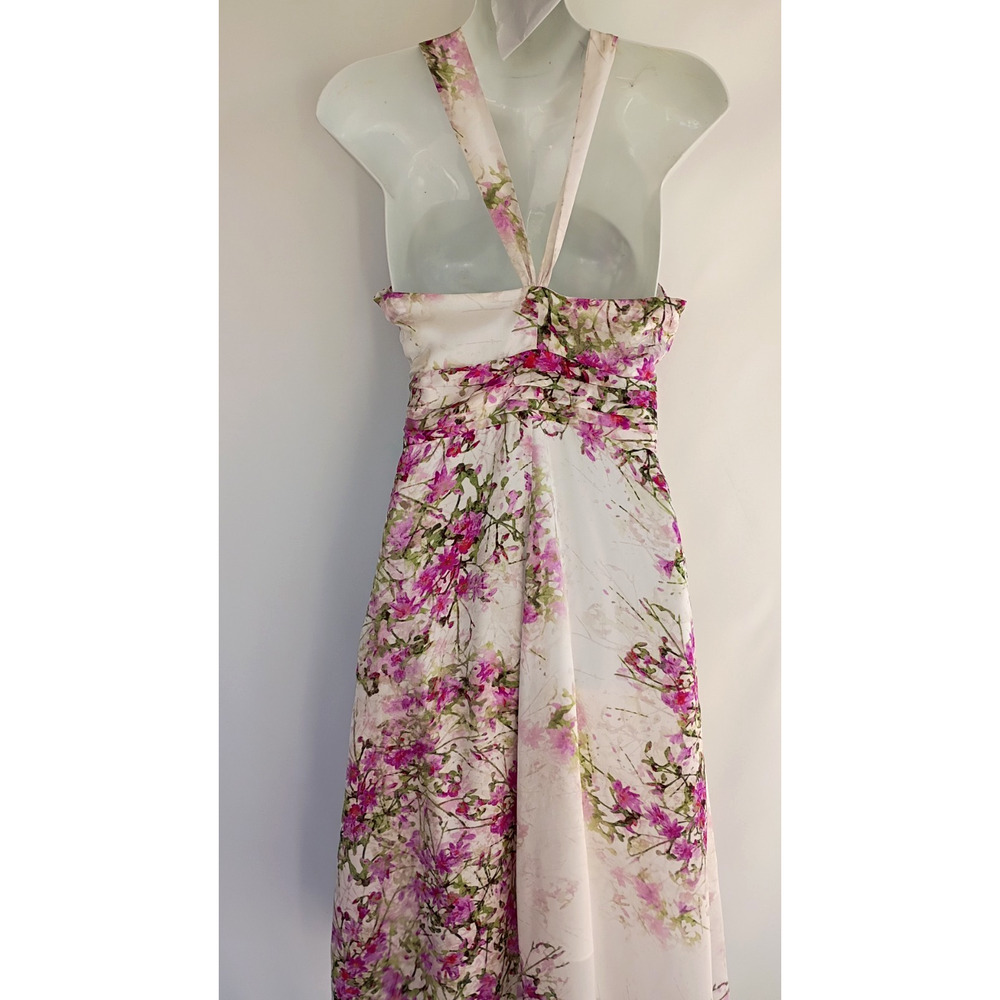 Vintage Bebe Y2K 100% Silk Watercolor Floral Halter Dress Pink White High Low XS - Picture 10 of 13
